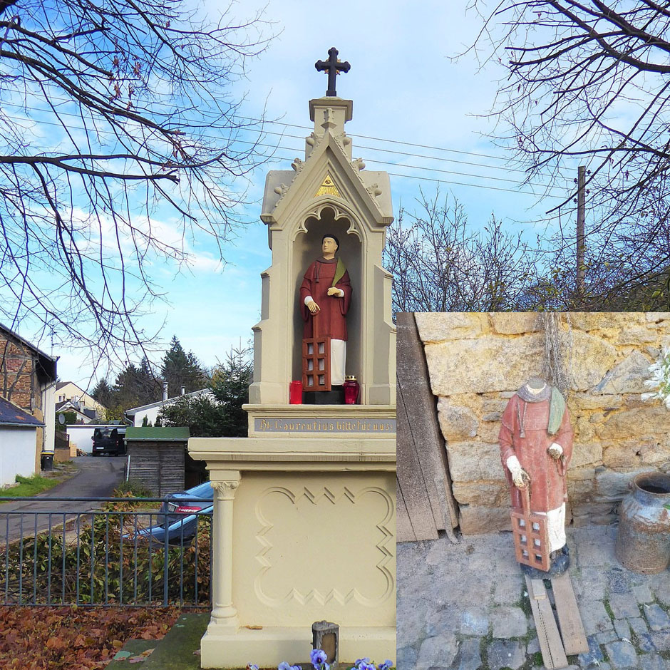BIldstock des Heiligen laurentius in iversheim vor und nach der Zerstörung